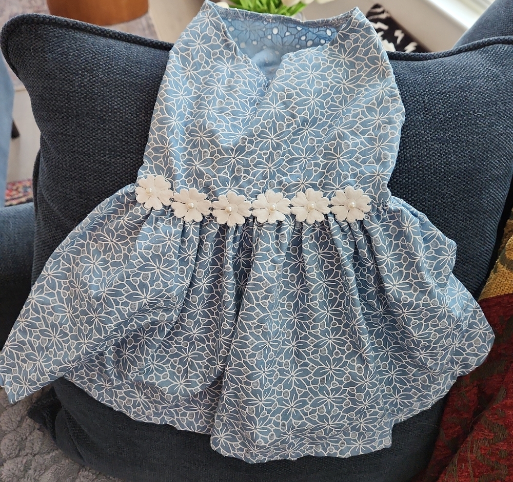 Warm Blue Floral Dog Dress with White Patterns